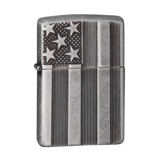 Zippo Lighter - American Flag Armor Antique Silver Plate