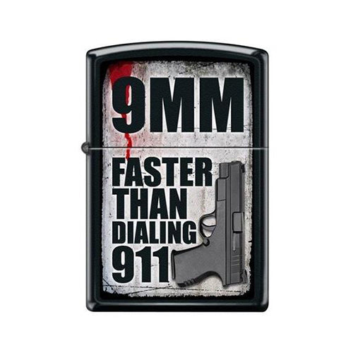 Zippo Lighter - 9MM Faster Than Dialing 911 Black Matte