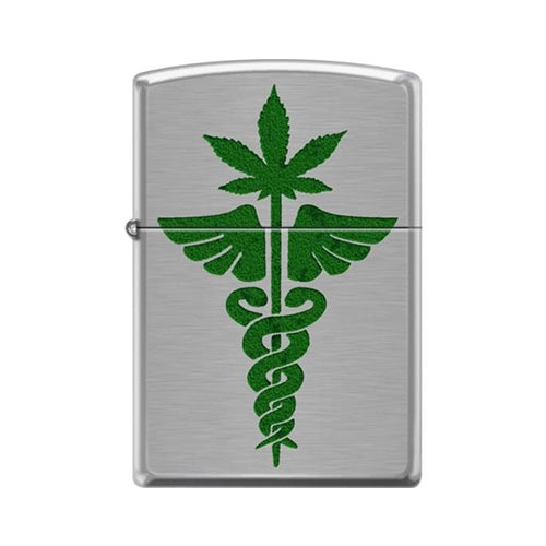 Zippo Lighter - Medical Symbol & Pot Leaf Brushed Chrome